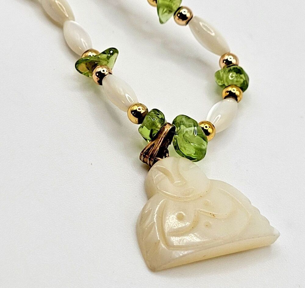 Mother of Pearl Tourmaline Carved Buddha Pendant Necklace 17in